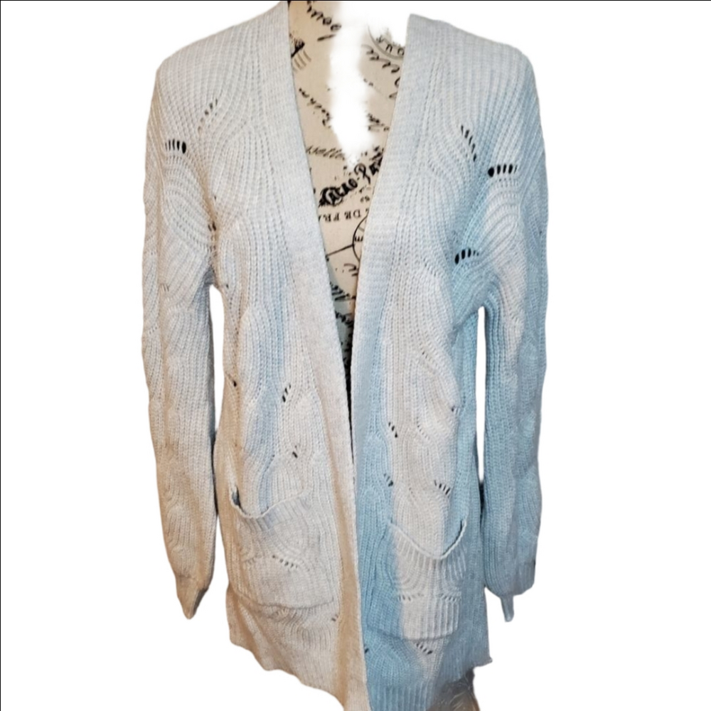 Time and Tru Blue Cable Open Knit Open Puffy Pockets Cardigan Size Medium